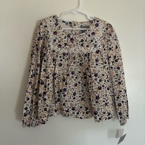 Tahari Cream Floral Long-Sleeve Peasant Blouse with Purple & Mustard Accents